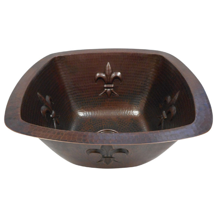 SimplyCopper 15" Square Copper Wet Bar Sink with Fleur de lis Design